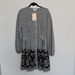 NWT Pearl By Lela ROSE Gingham FLORAL embroidered Button Front Dress 12